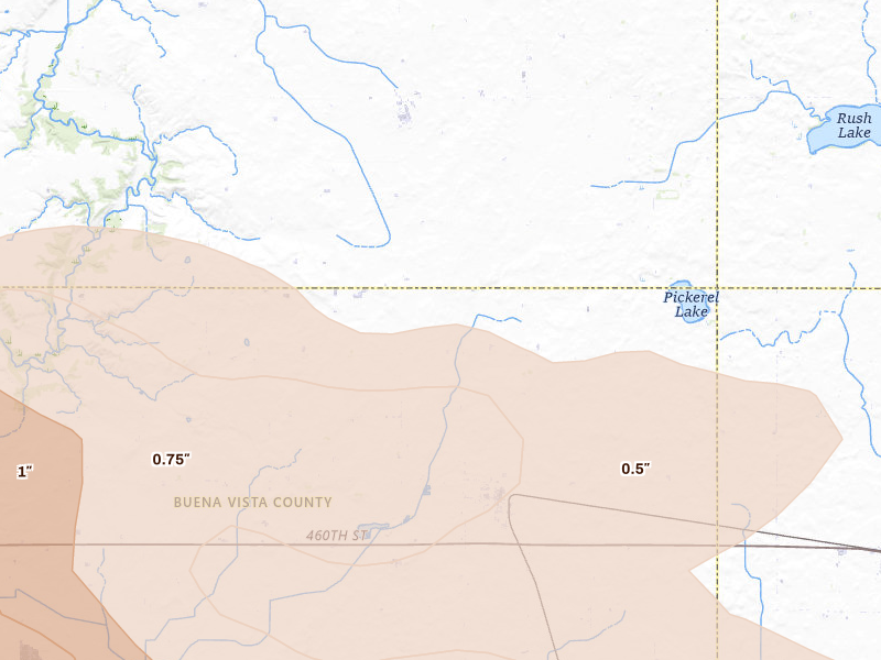 Radar-estimated hail-size map of the storm over Marathon, IA on May 15, 2026