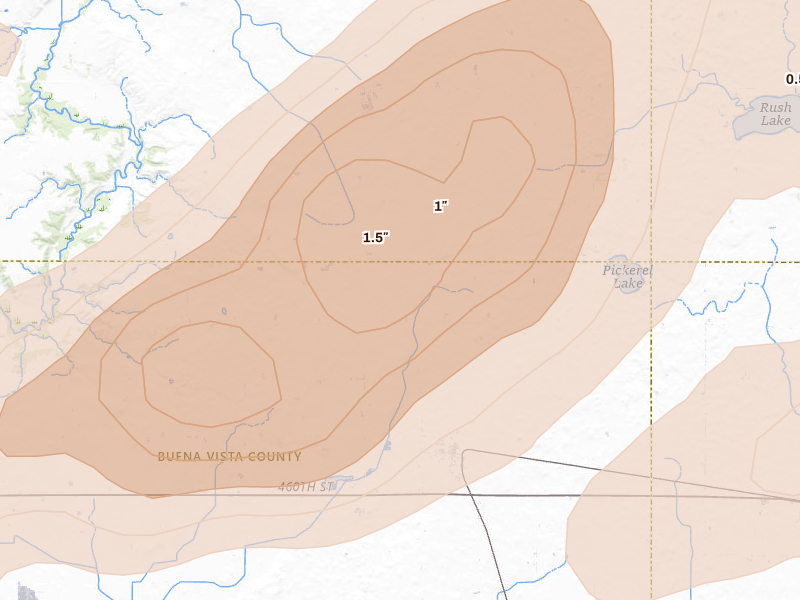 Radar-estimated hail-size map of the storm over Marathon, IA on Jun 28, 2026