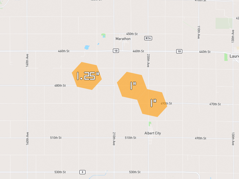 Hail map of Marathon, IA on Jun 28, 2026, hail up to 1.25"