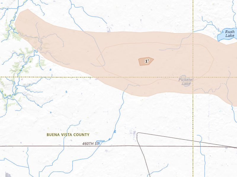 Radar-estimated hail-size map of the storm over Marathon, IA on Aug 8, 2026