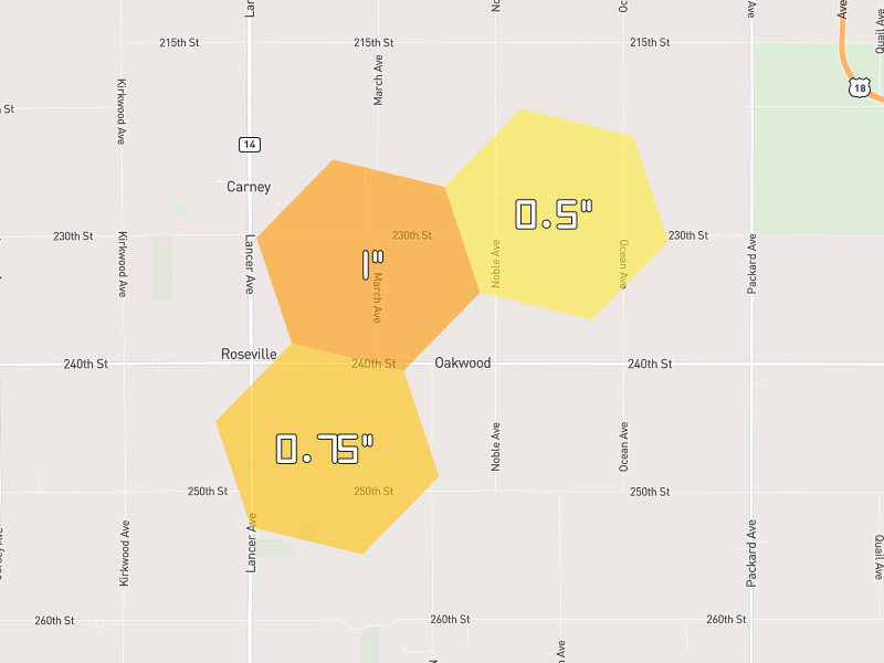 Hail map of Marble Rock, IA on Jul 9, 2026, hail up to 1"
