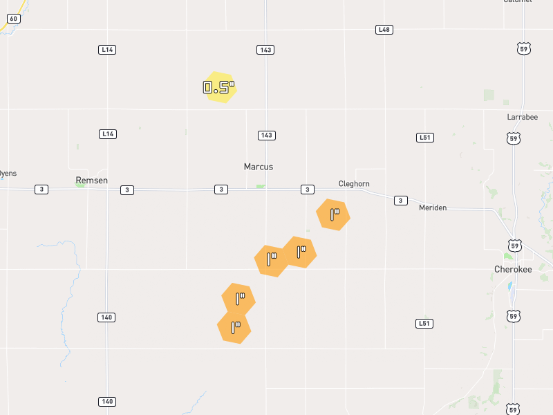 Hail map of Marcus, IA on Jun 30, 2026, hail up to 1"