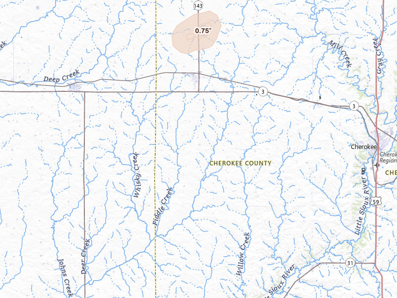 Radar-estimated hail-size map of the storm over Marcus, IA on Jul 28, 2026
