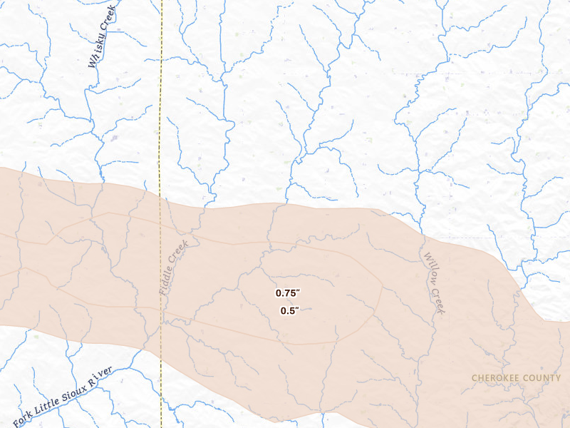 Radar-estimated hail-size map of the storm over Marcus, IA on Aug 28, 2026
