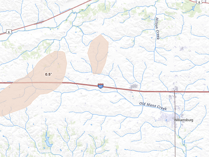 Radar-estimated hail-size map of the storm over Marengo, IA on Mar 30, 2026