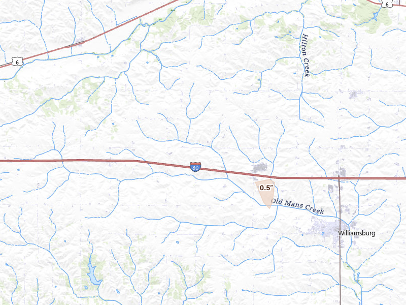 Radar-estimated hail-size map of the storm over Marengo, IA on May 18, 2026