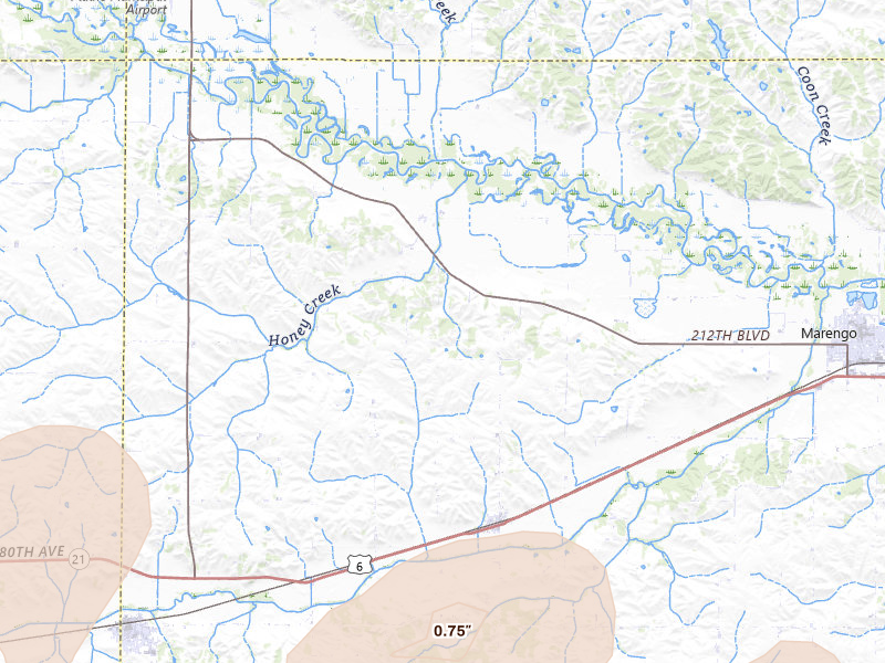 Radar-estimated hail-size map of the storm over Marengo, IA on Jul 3, 2026