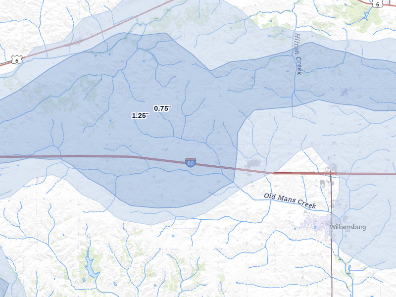 NEXRAD radar-signature map of the hail storm over Marengo, IA on Jul 3, 2026