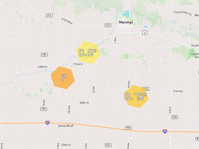 Hail map of Marengo, IA on Jul 3, 2026, hail up to 1"
