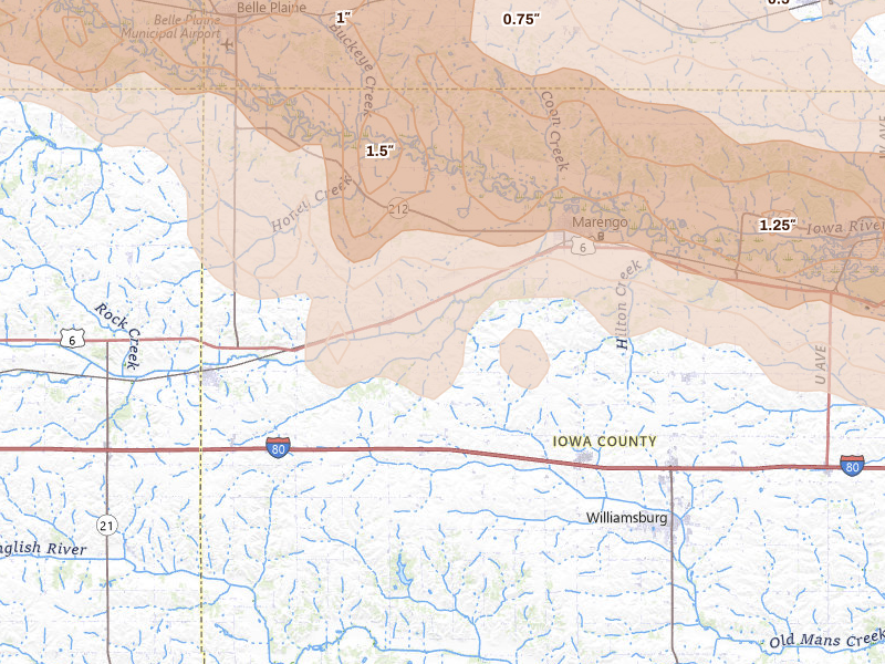 Radar-estimated hail-size map of the storm over Marengo, IA on Aug 11, 2026