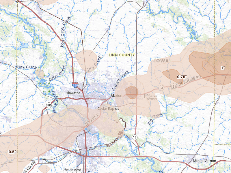Radar-estimated hail-size map of the storm over Marion, IA