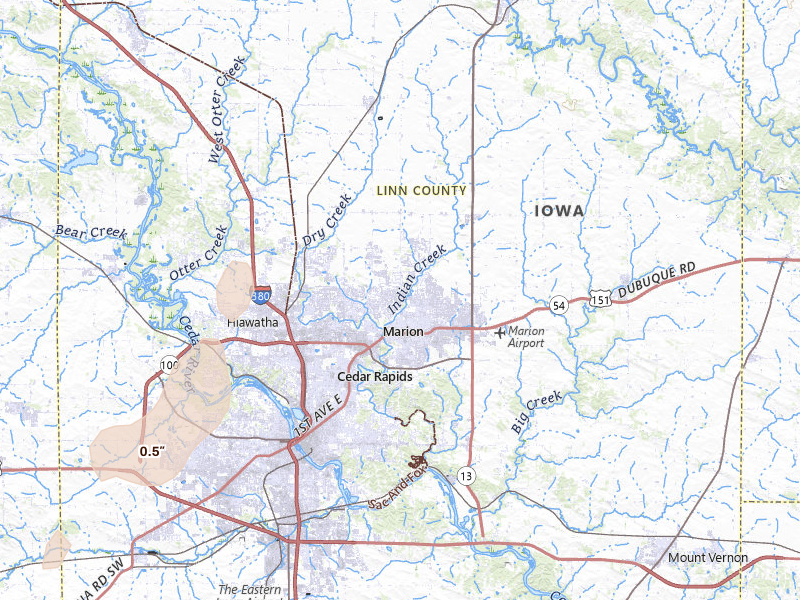 Radar-estimated hail-size map of the storm over Marion, IA on Apr 23, 2026