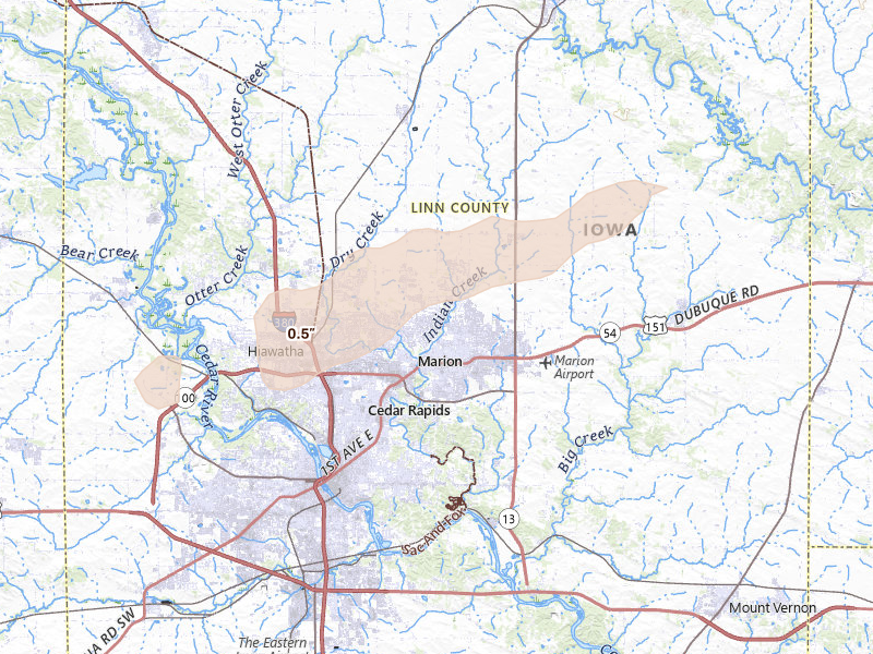 Radar-estimated hail-size map of the storm over Marion, IA on Apr 27, 2026