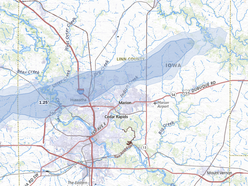 NEXRAD radar-signature map of the hail over Marion, IA