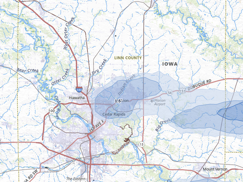 NEXRAD radar-signature map of the hail storm over Marion, IA on Jul 3, 2026