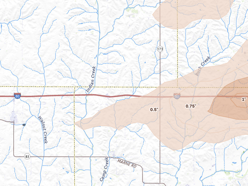 Radar-estimated hail-size map of the storm over Marne, IA on Mar 30, 2026
