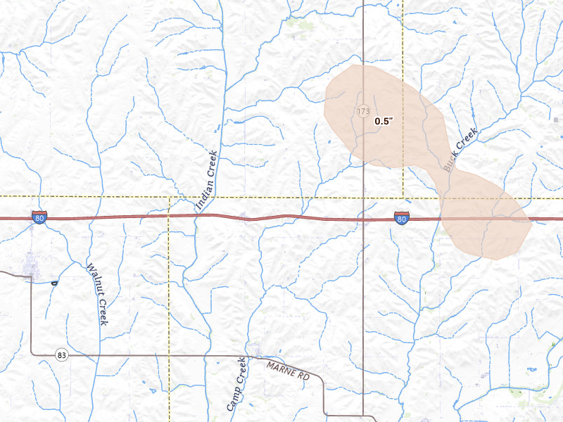 Radar-estimated hail-size map of the storm over Marne, IA on Jul 4, 2026