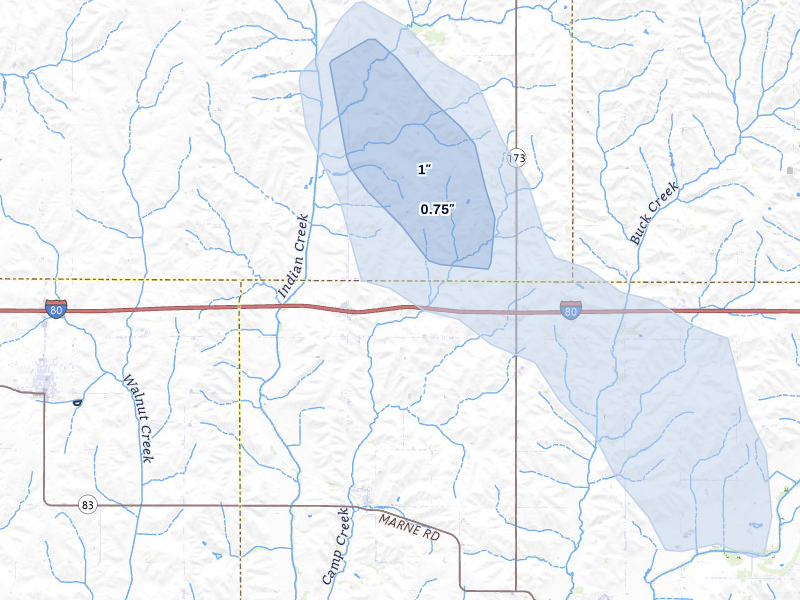 NEXRAD radar-signature map of the hail storm over Marne, IA on Jul 4, 2026
