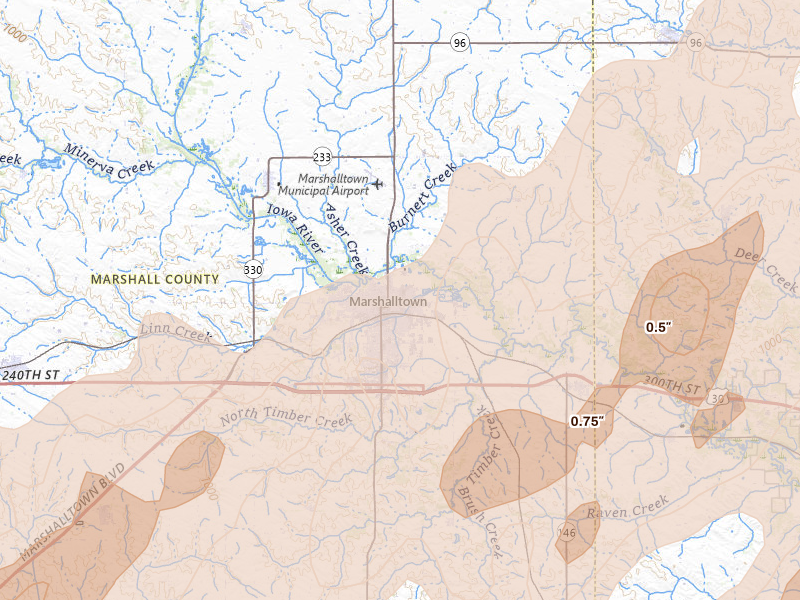 Radar-estimated hail-size map of the storm over Marshalltown, IA on Apr 17, 2026