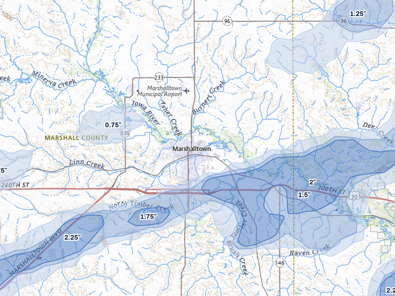 NEXRAD radar-signature map of the hail over Marshalltown, IA