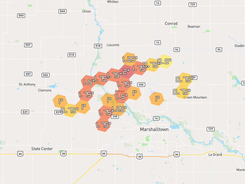 Hail map of Marshalltown, IA on Jul 2, 2026, hail up to 2"