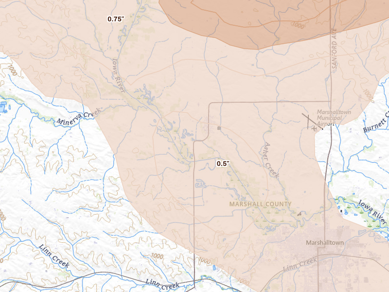 Radar-estimated hail-size map of the storm over Marshalltown, IA on Aug 11, 2026