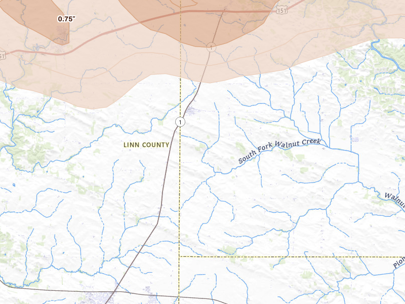 Radar-estimated hail-size map of the storm over Martelle, IA