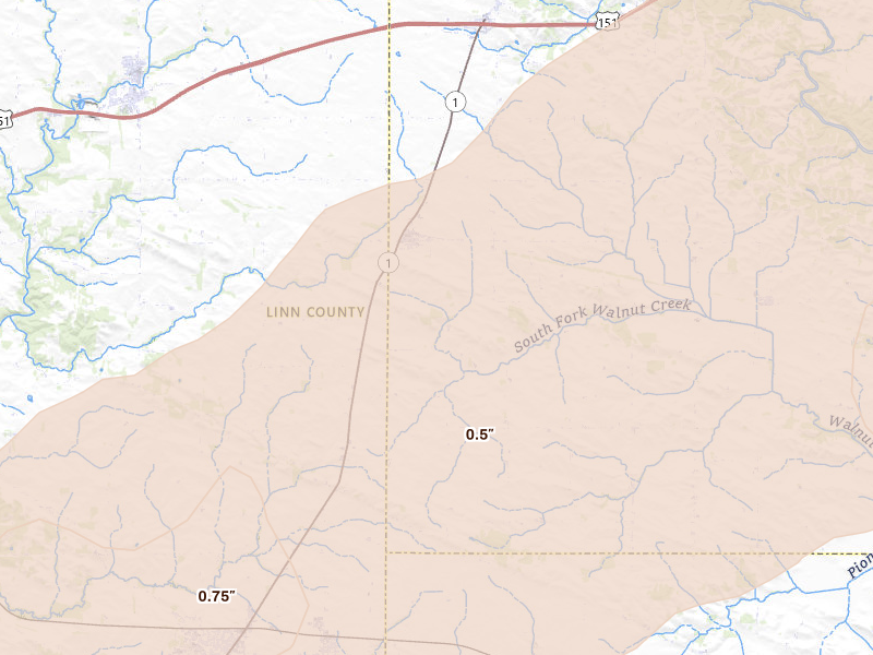 Radar-estimated hail-size map of the storm over Martelle, IA on Apr 17, 2026