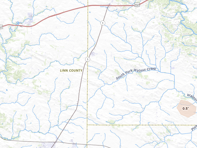 Radar-estimated hail-size map of the storm over Martelle, IA on Apr 23, 2026