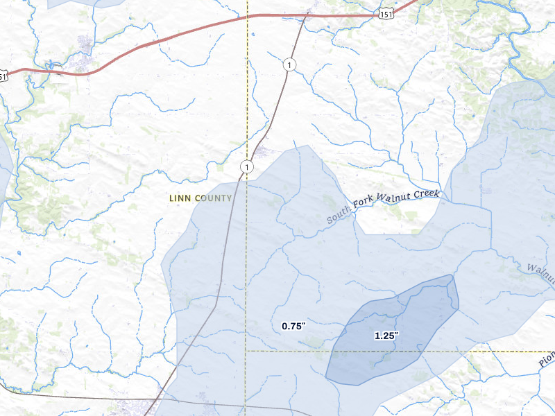 NEXRAD radar-signature map of the hail over Martelle, IA