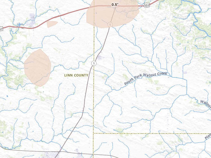 Radar-estimated hail-size map of the storm over Martelle, IA on Jun 11, 2026