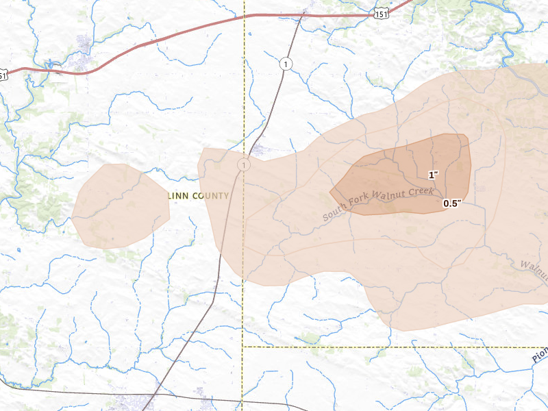 Radar-estimated hail-size map of the storm over Martelle, IA on Jul 3, 2026