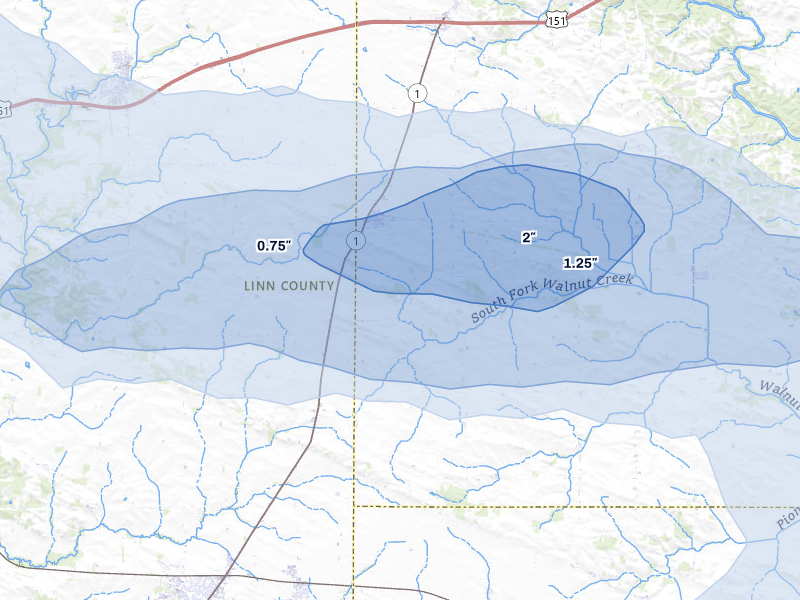NEXRAD radar-signature map of the hail storm over Martelle, IA on Jul 3, 2026