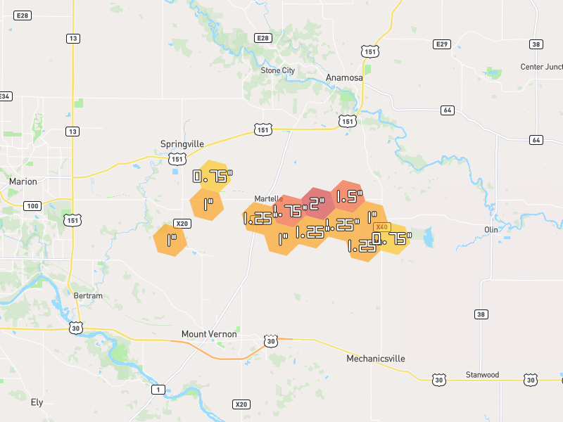 Hail map of Martelle, IA on Jul 3, 2026, hail up to 2"