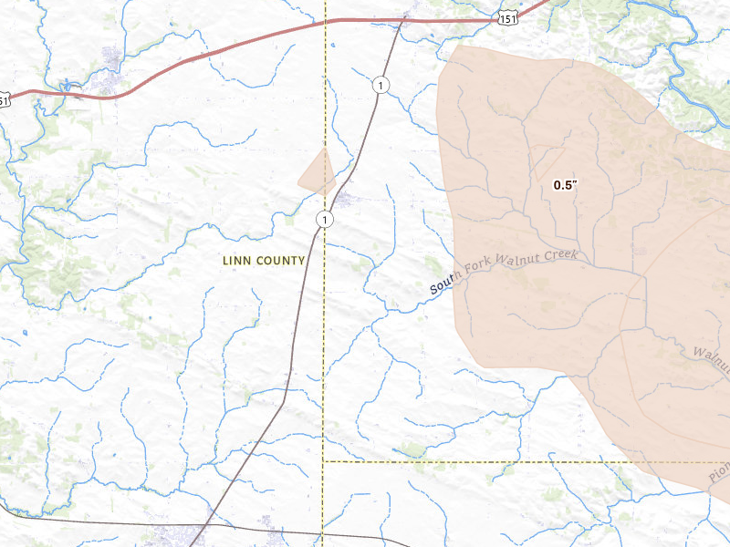 Radar-estimated hail-size map of the storm over Martelle, IA on Aug 7, 2026