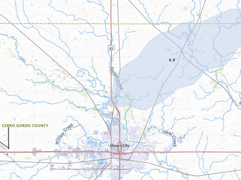 NEXRAD radar-signature map of the hail over Mason City, IA