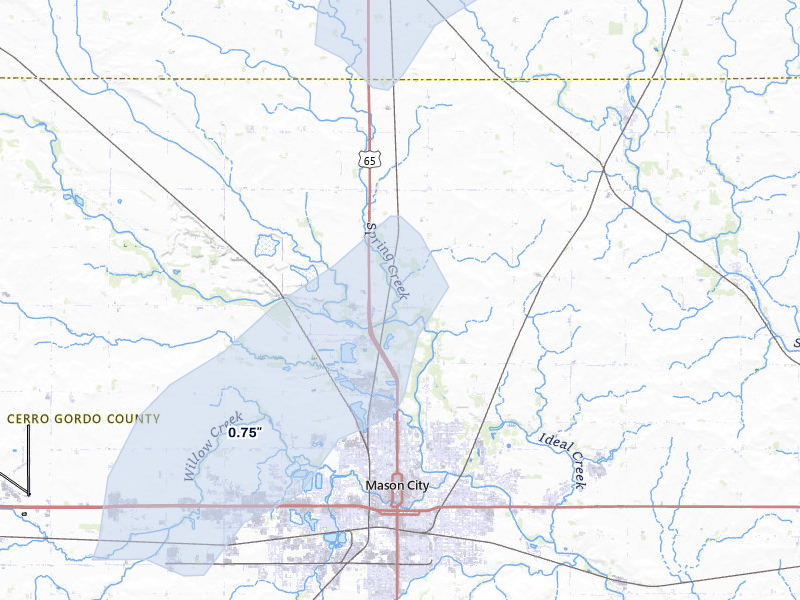 NEXRAD radar-signature map of the hail storm over Mason City, IA on May 17, 2026