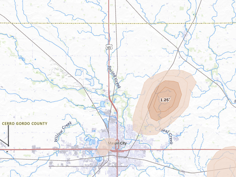 Radar-estimated hail-size map of the storm over Mason City, IA on Jul 1, 2026
