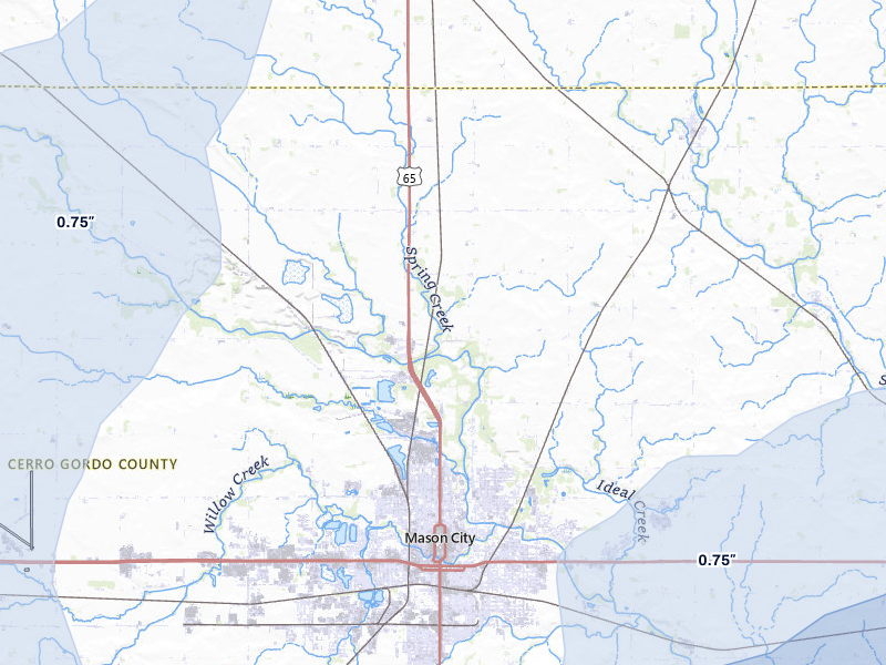 NEXRAD radar-signature map of the hail over Mason City, IA