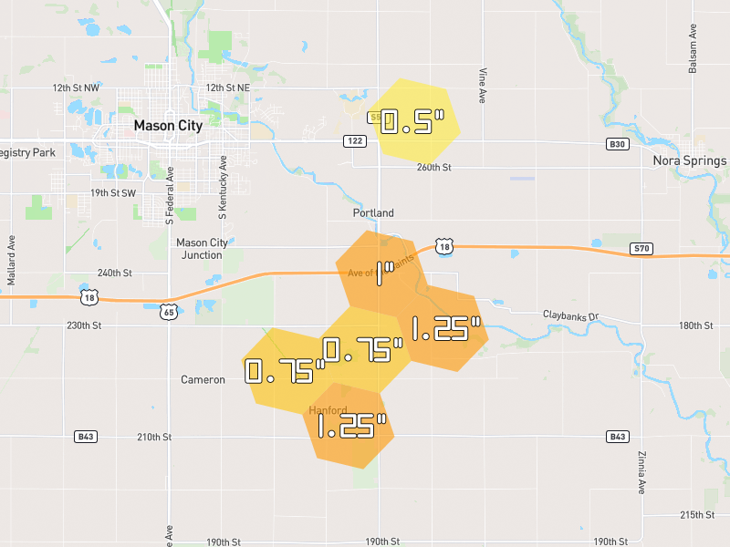 Hail map of Mason City, IA on Jul 2, 2026, hail up to 1.25"