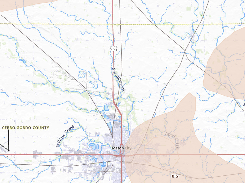 Radar-estimated hail-size map of the storm over Mason City, IA on Jul 8, 2026