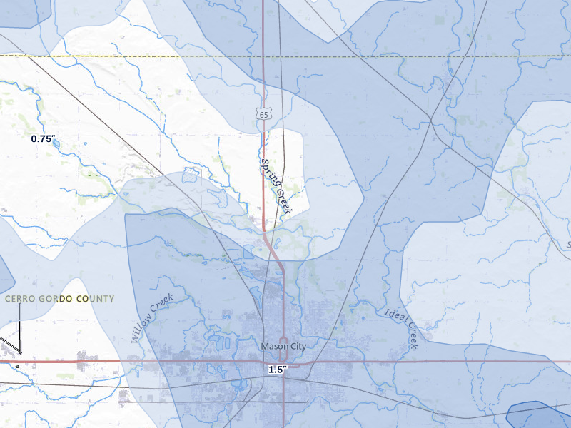 NEXRAD radar-signature map of the hail storm over Mason City, IA on Jul 8, 2026