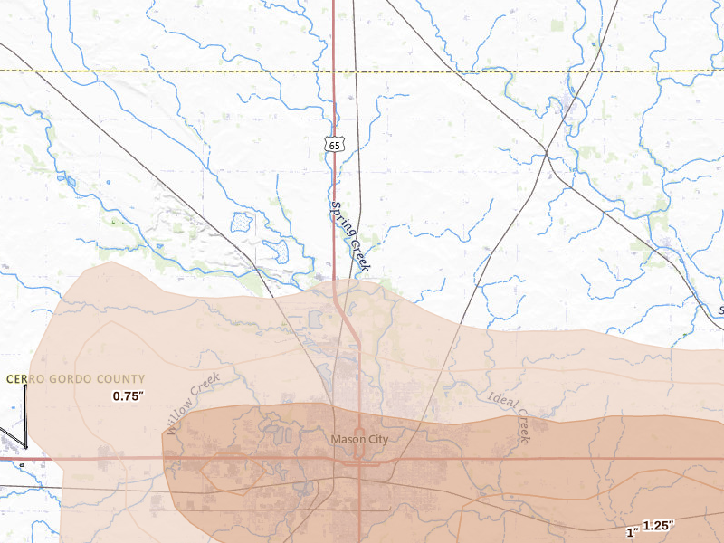 Radar-estimated hail-size map of the storm over Mason City, IA on Jul 20, 2026