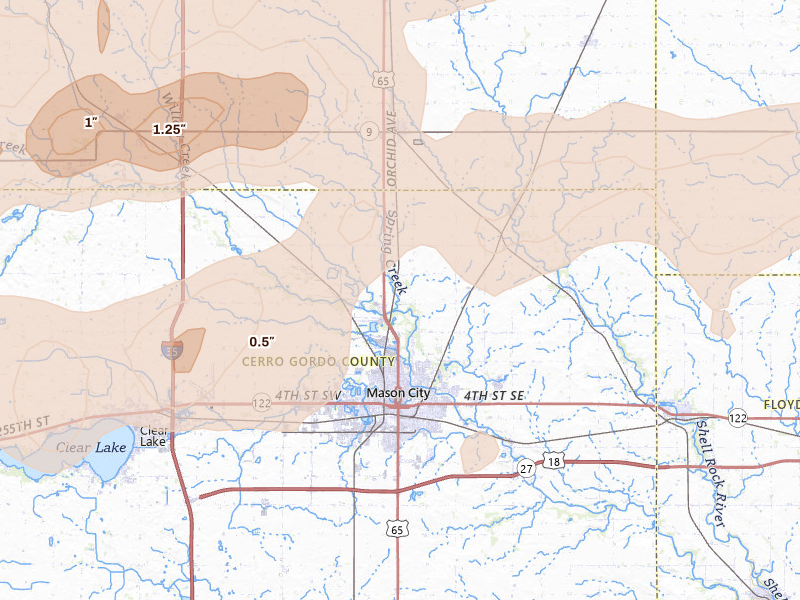 Radar-estimated hail-size map of the storm over Mason City, IA on Aug 7, 2026