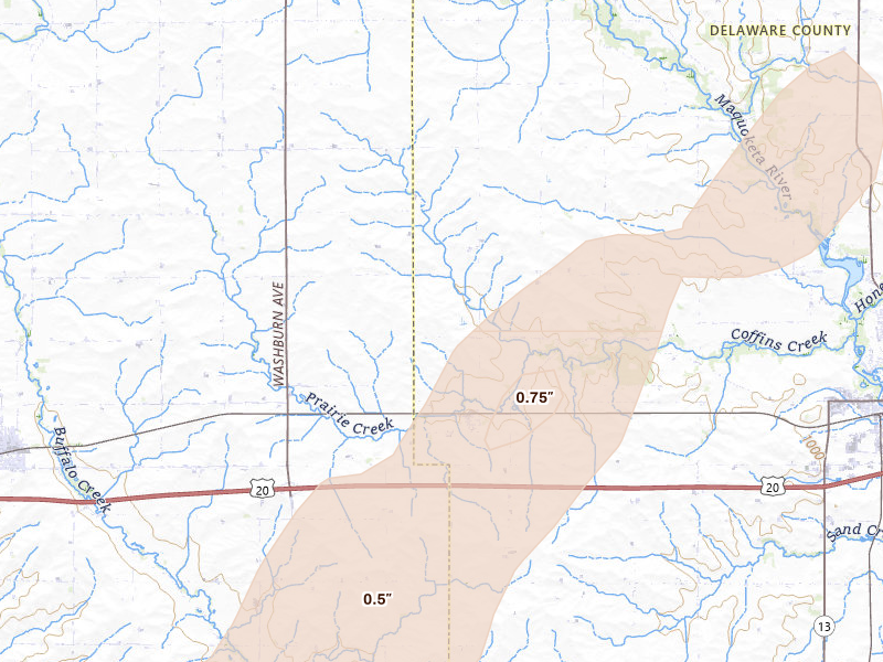 Radar-estimated hail-size map of the storm over Masonville, IA on Apr 17, 2026
