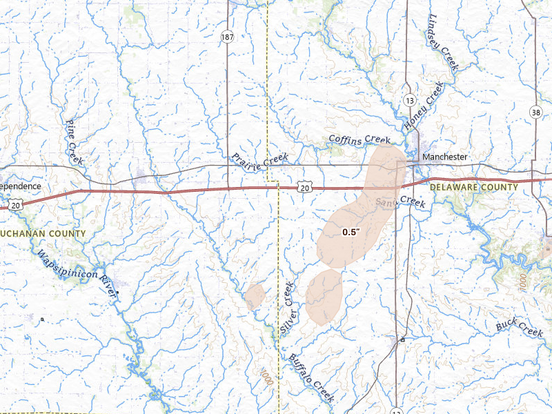 Radar-estimated hail-size map of the storm over Masonville, IA on Apr 23, 2026