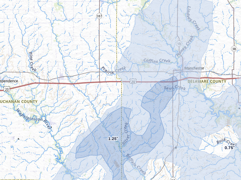 NEXRAD radar-signature map of the hail over Masonville, IA