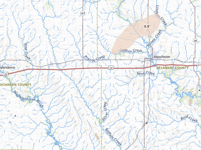 Radar-estimated hail-size map of the storm over Masonville, IA on Jun 10, 2026