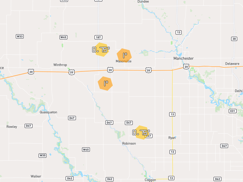 Hail map of Masonville, IA on Jun 28, 2026, hail up to 1"