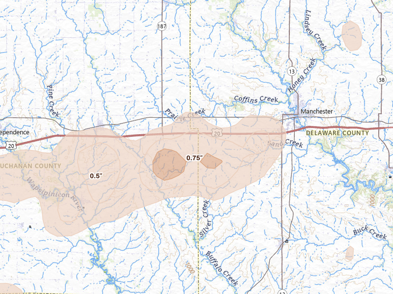 Radar-estimated hail-size map of the storm over Masonville, IA on Jul 2, 2026